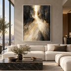 Divine Light, quadro su tela, cornice a cassetta bianca, ambientazione in un soggiorno di lusso