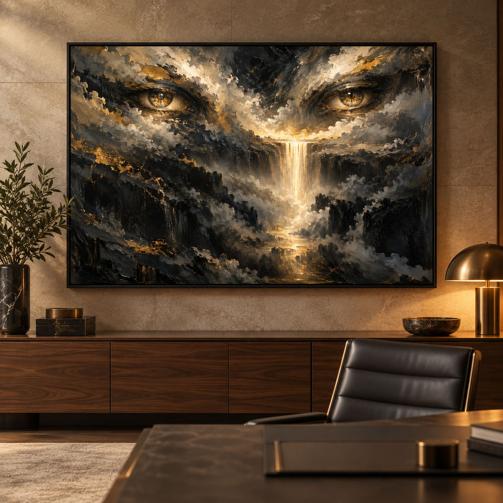 Eyes of God canvas wall art in black floating frame, styled in a luxury executive office