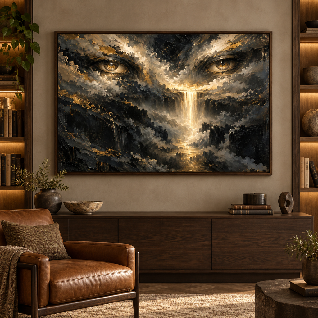 Eyes of God, quadro su tela, cornice a cassetta in rovere scuro, ambientazione in uno studio privato di lusso