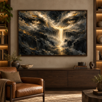 Eyes of God, quadro su tela, cornice a cassetta in rovere scuro, ambientazione in uno studio privato di lusso