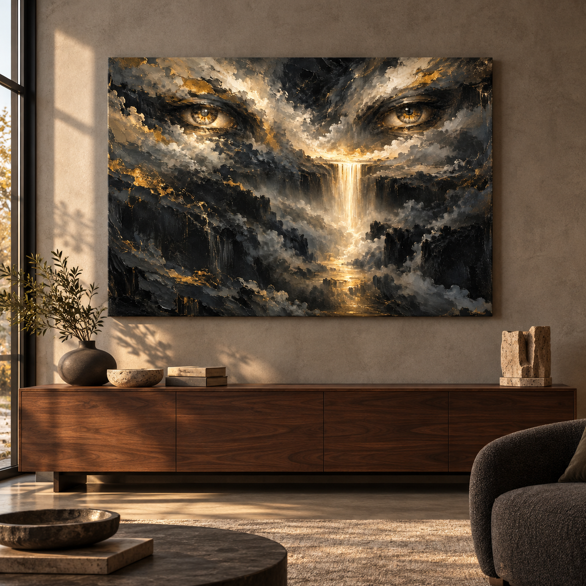 Eyes of God, quadro su tela, tela su telaio senza cornice, ambientazione in un loft di lusso