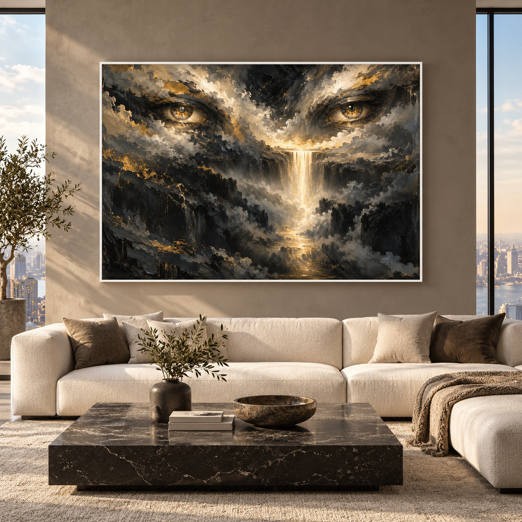 Eyes of God, quadro su tela, cornice a cassetta bianca, ambientazione in un soggiorno di lusso