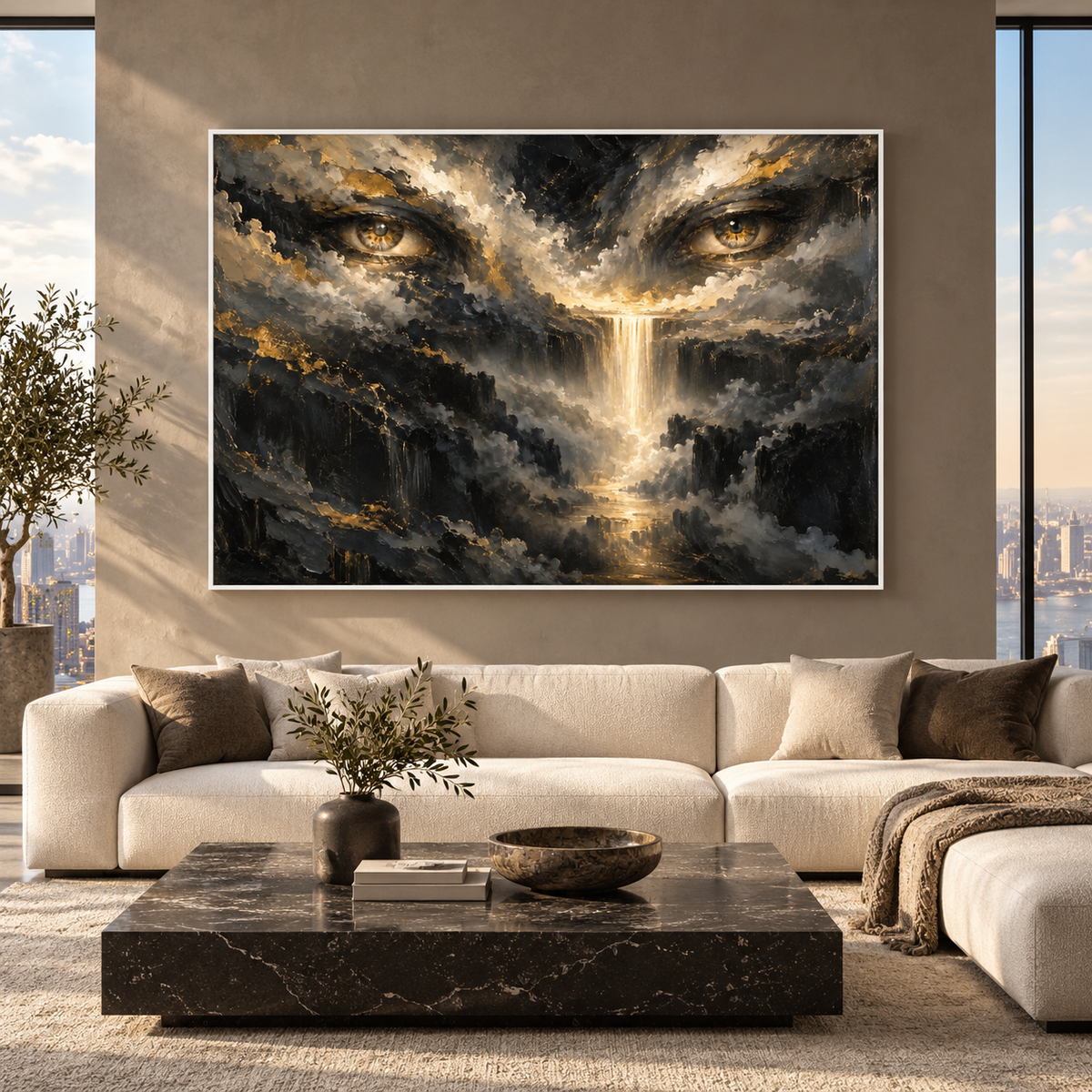 Eyes of God, quadro su tela, cornice a cassetta bianca, ambientazione in un soggiorno di lusso