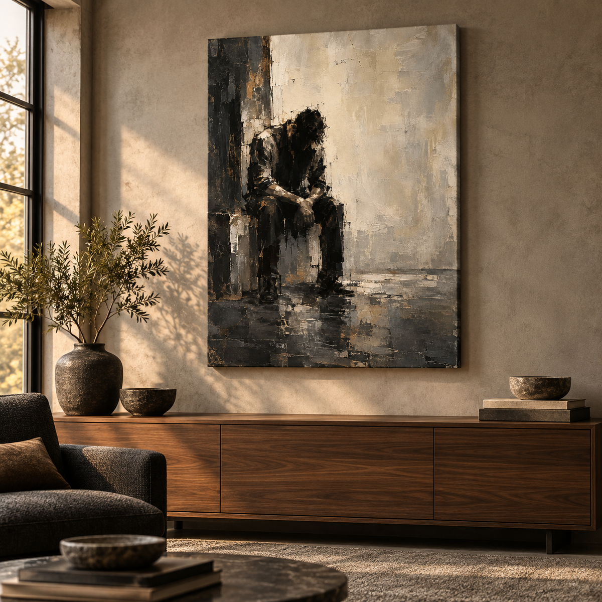 The Abandoned, quadro su tela, tela su telaio senza cornice, ambientazione in un loft di lusso
