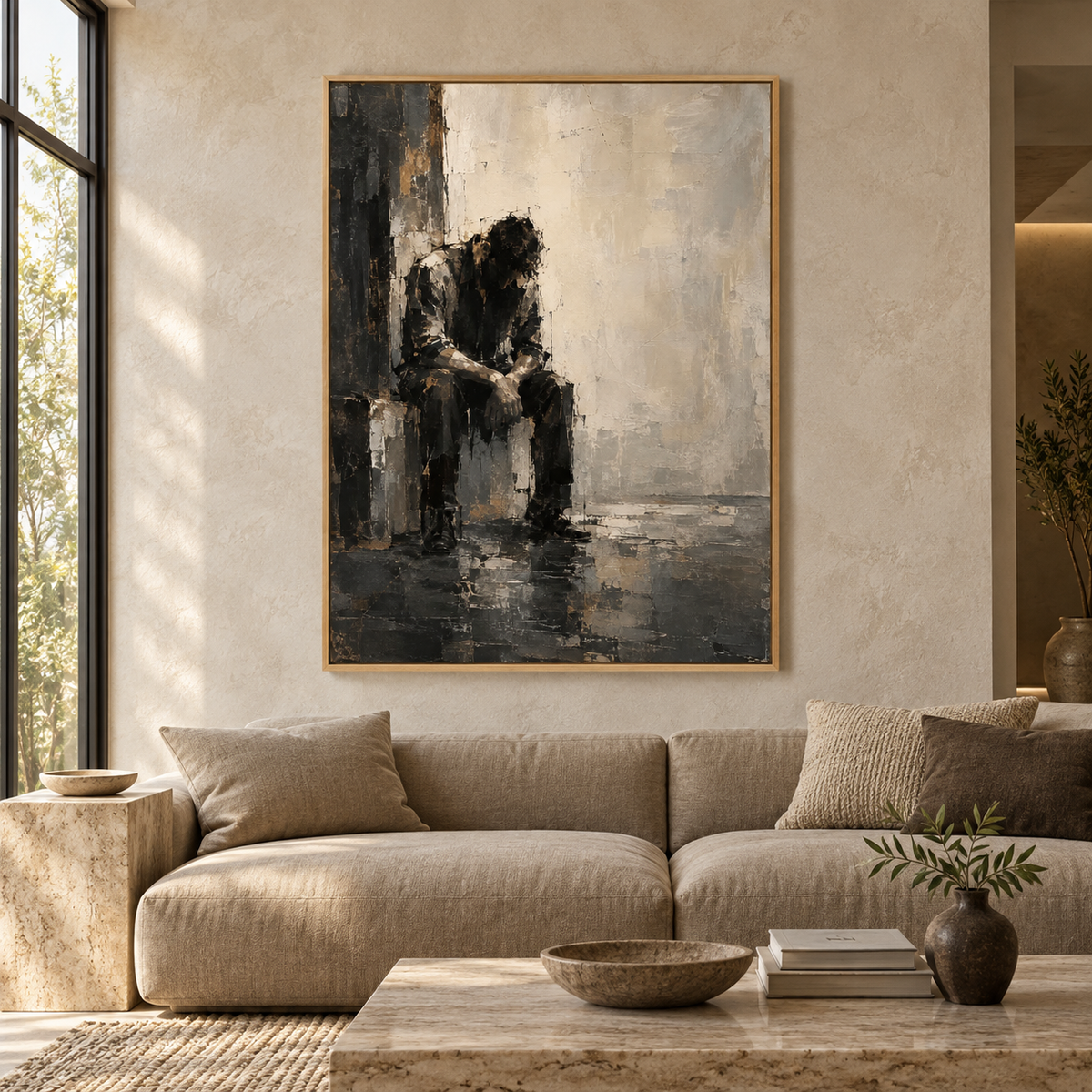The Abandoned, quadro su tela, cornice a cassetta in rovere, ambientazione in un soggiorno di lusso