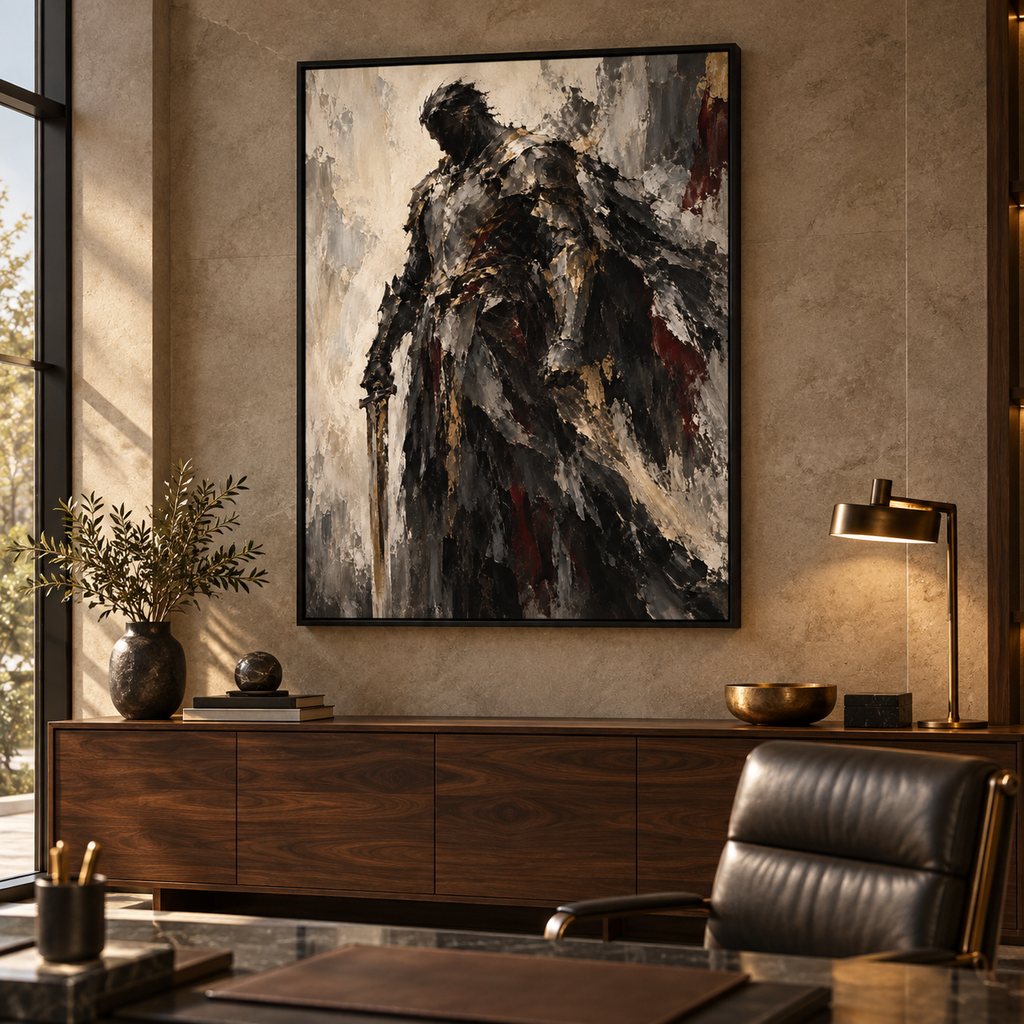 The Warrior, quadro su tela, cornice a cassetta nera, ambientazione in un ufficio direzionale di lusso