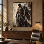 The Warrior, quadro su tela, cornice a cassetta nera, ambientazione in un ufficio direzionale di lusso