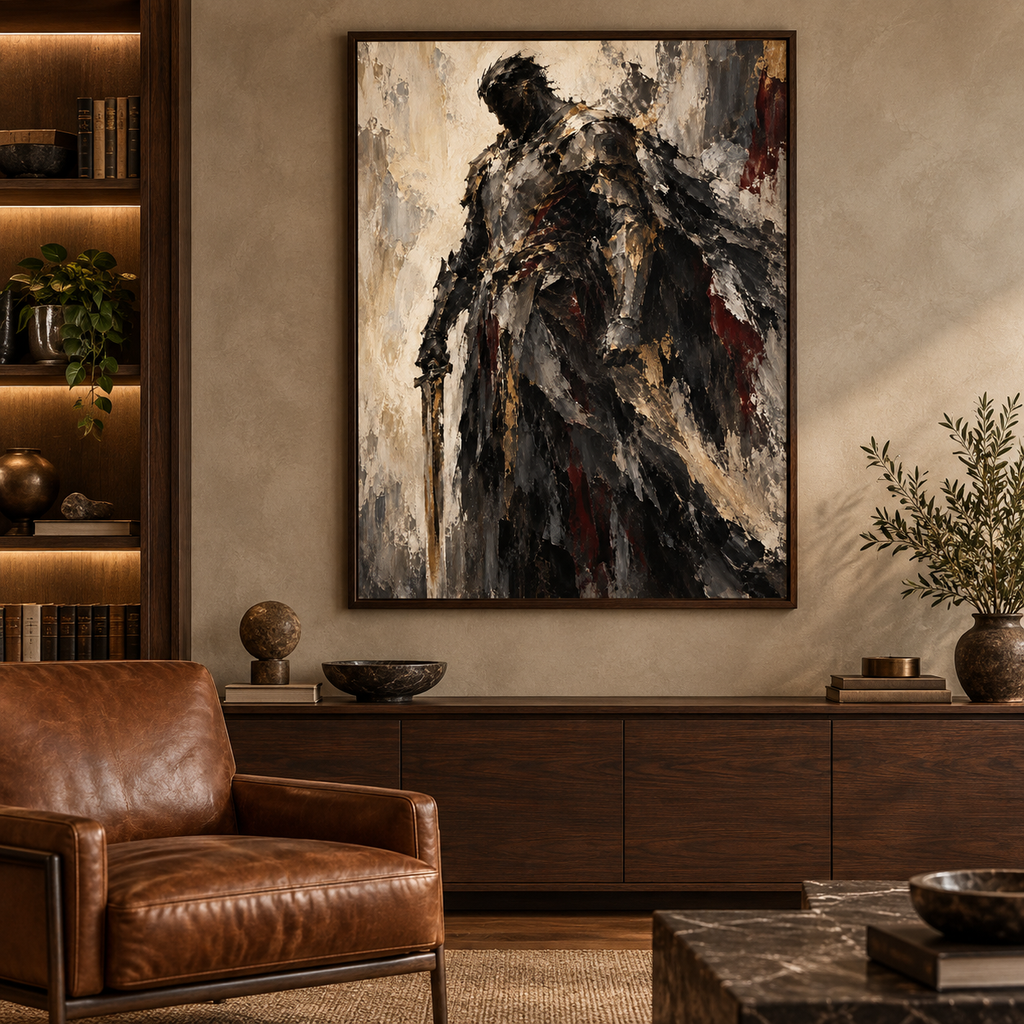 The Warrior, quadro su tela, cornice a cassetta in rovere scuro, ambientazione in uno studio privato di lusso