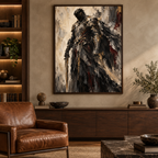 The Warrior, quadro su tela, cornice a cassetta in rovere scuro, ambientazione in uno studio privato di lusso