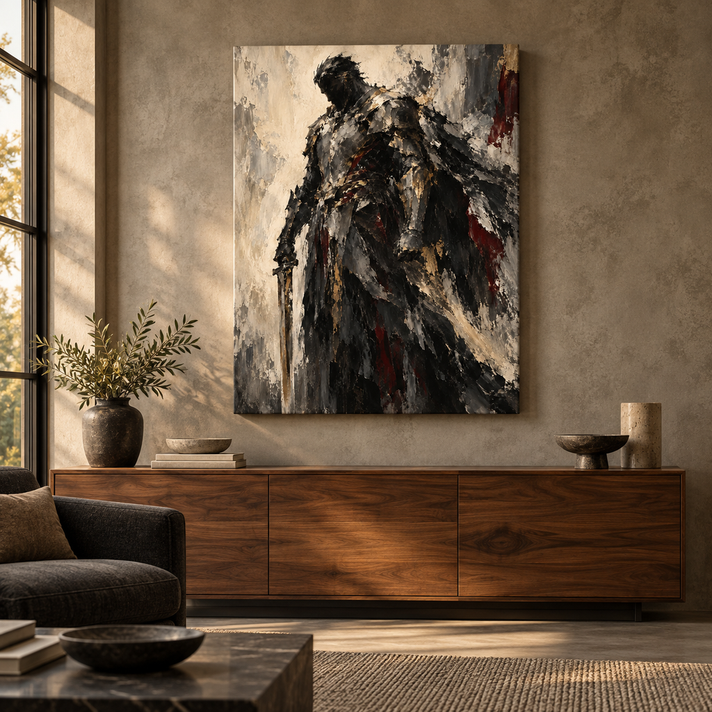 The Warrior, quadro su tela, tela su telaio senza cornice, ambientazione in un loft di lusso