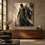 The Warrior, quadro su tela, tela su telaio senza cornice, ambientazione in un loft di lusso