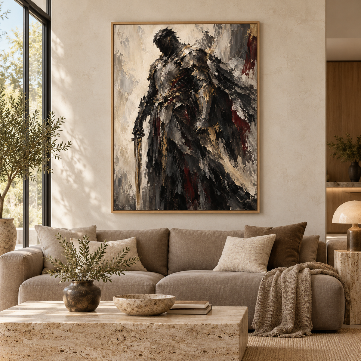 The Warrior, quadro su tela, cornice a cassetta in rovere, ambientazione in un soggiorno di lusso