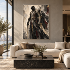 The Warrior, quadro su tela, cornice a cassetta bianca, ambientazione in un soggiorno di lusso