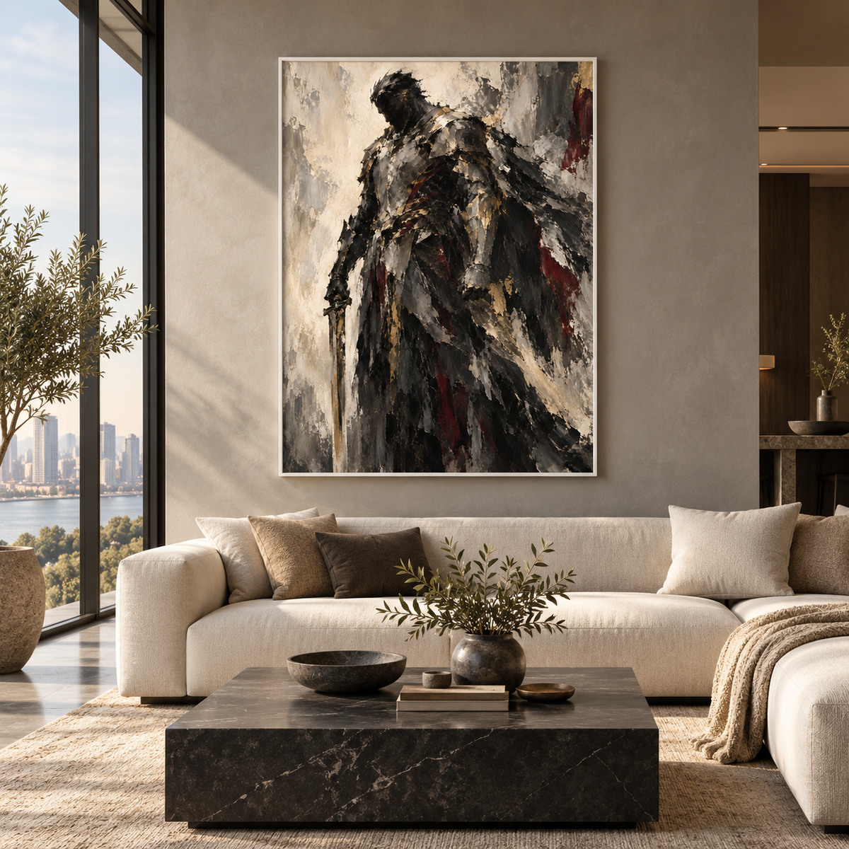 The Warrior, quadro su tela, cornice a cassetta bianca, ambientazione in un soggiorno di lusso