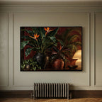 Paradise After Dark — Bird-of-paradise flowers and lush plants beside a glowing lamp, canvas wall art