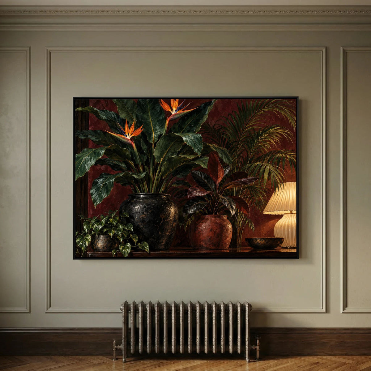 Paradise After Dark — Bird-of-paradise flowers and lush plants beside a glowing lamp, canvas wall art