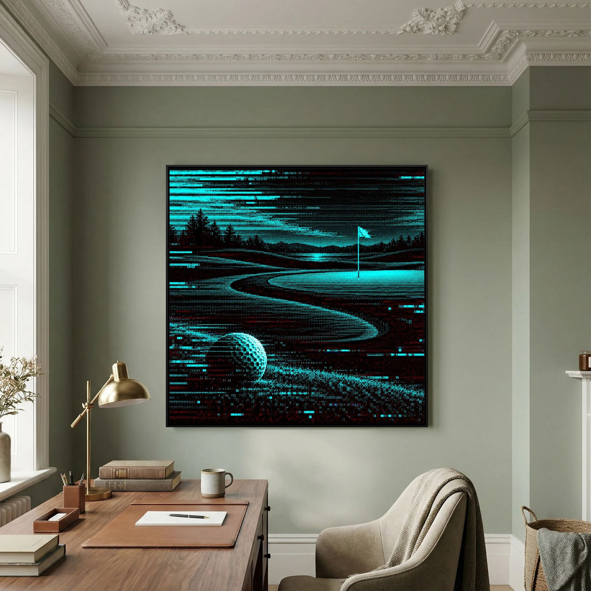 Digital Fairway modern golf wall art framed canvas in white frame