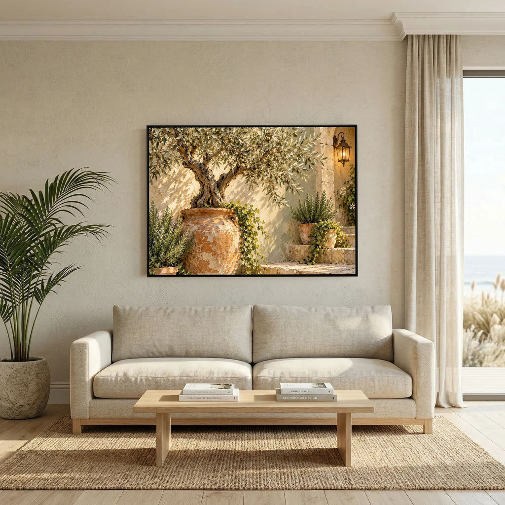 The Olive Courtyard — Drzewo oliwne w terakotowej donicy obok kamiennych schodów i latarni