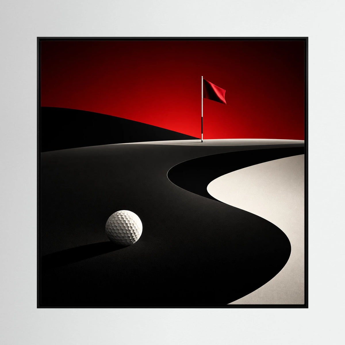 Crimson Dunes golf course painting with bold red, black and ivory minimalist fairway forms
