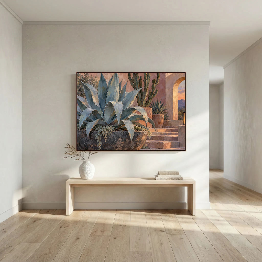 Desert Stillness — Sage agave and tall cacti beside terracotta pots and warm stone steps, canvas wall art