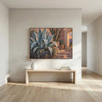 Desert Stillness — Sage agave and tall cacti beside terracotta pots and warm stone steps, canvas wall art