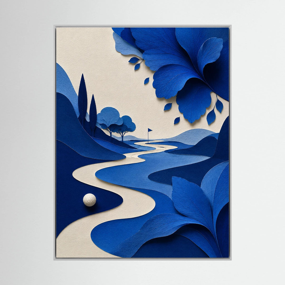 Blue Cut Fairway contemporary golf art with layered cobalt, navy and white paper-cut landscape forms