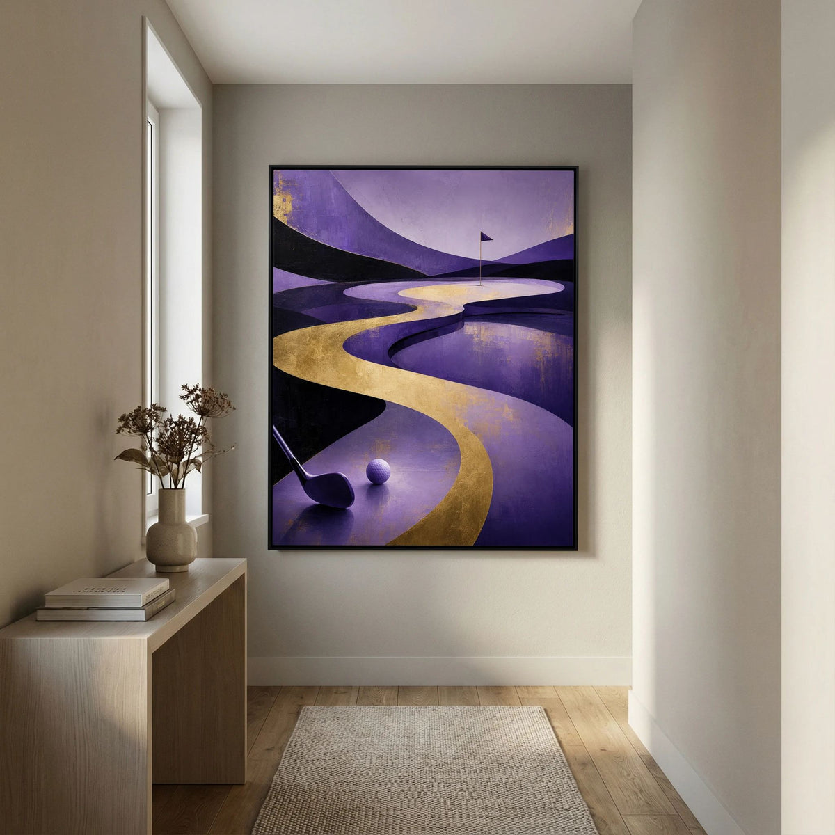 Royal Fairway surreal golf art with a winding purple, cream and gold course through abstract terrain