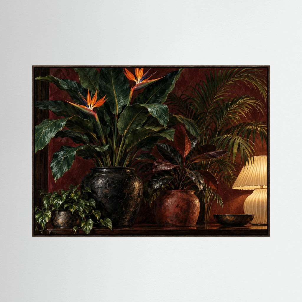 Paradise After Dark — Bird-of-paradise flowers and lush plants beside a glowing lamp, canvas wall art