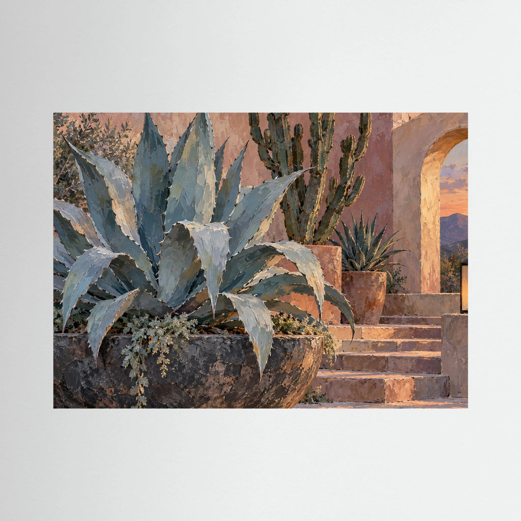 Desert Stillness — Sage agave and tall cacti beside terracotta pots and warm stone steps, canvas wall art