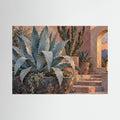 Desert Stillness — Sage agave and tall cacti beside terracotta pots and warm stone steps, canvas wall art
