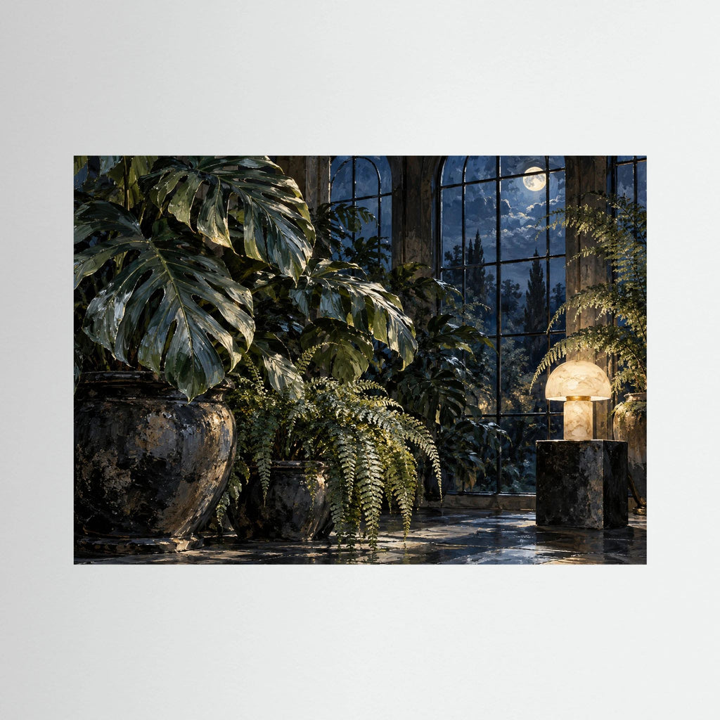 Moonlit Conservatory — Liście monstery i paprocie w oranżerii oświetlonej księżycem i lampą