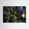 Moonlit Conservatory — Liście monstery i paprocie w oranżerii oświetlonej księżycem i lampą