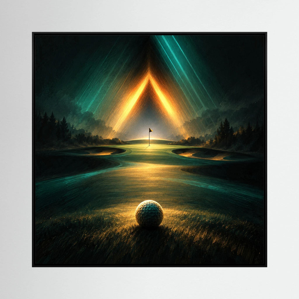 Afterglow Links modern golf landscape art with dark green fairway and glowing golden horizon