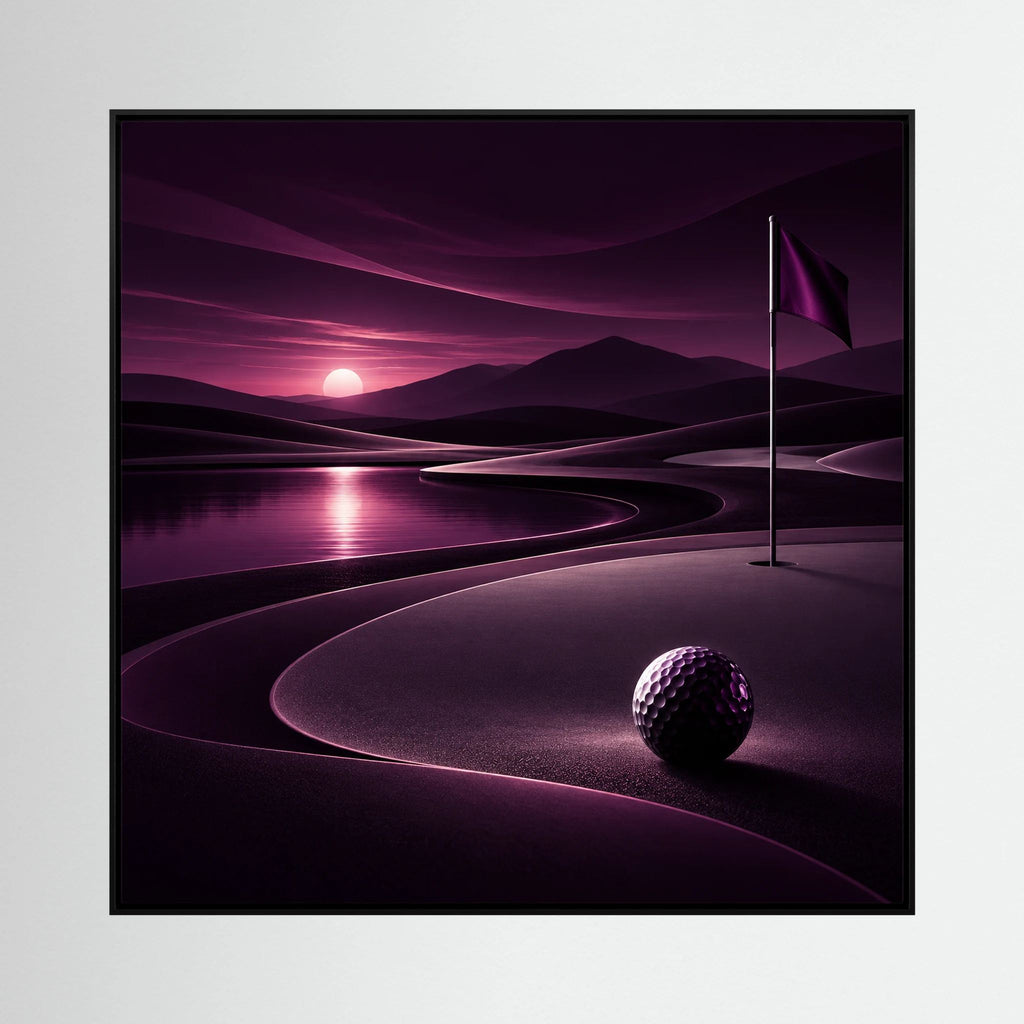 Koyu arazide ilerleyen ışıklı mor fairway ile Twilight Escape modern golf manzarası sanatı