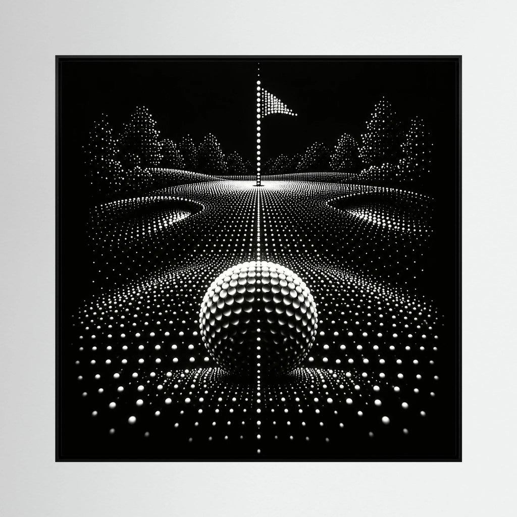 Dotted Fairway – arte golfistica minimalista, composizione di campo a matrice di punti in bianco e nero