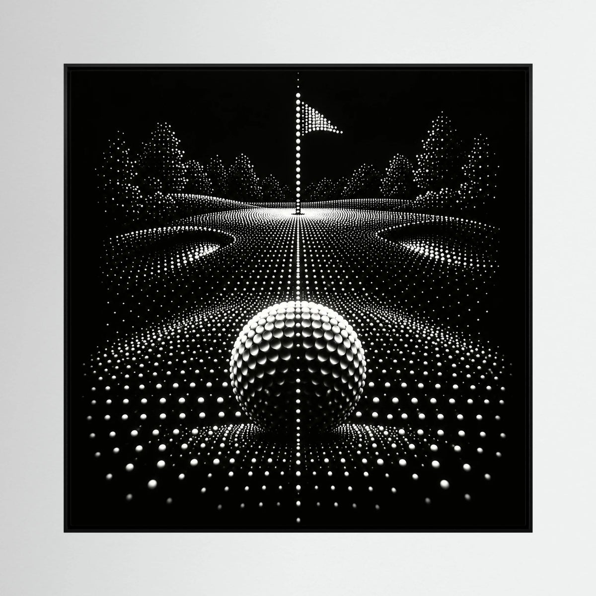 Dotted Fairway – arte golfistica minimalista, composizione di campo a matrice di punti in bianco e nero