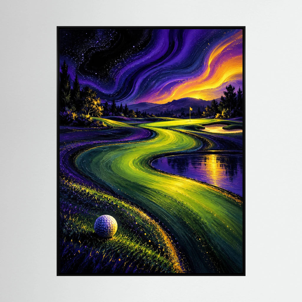 Neon Valley surreal golf landscape art with purple, green and yellow flowing fairway forms