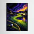 Neon Valley surreal golf landscape art with purple, green and yellow flowing fairway forms