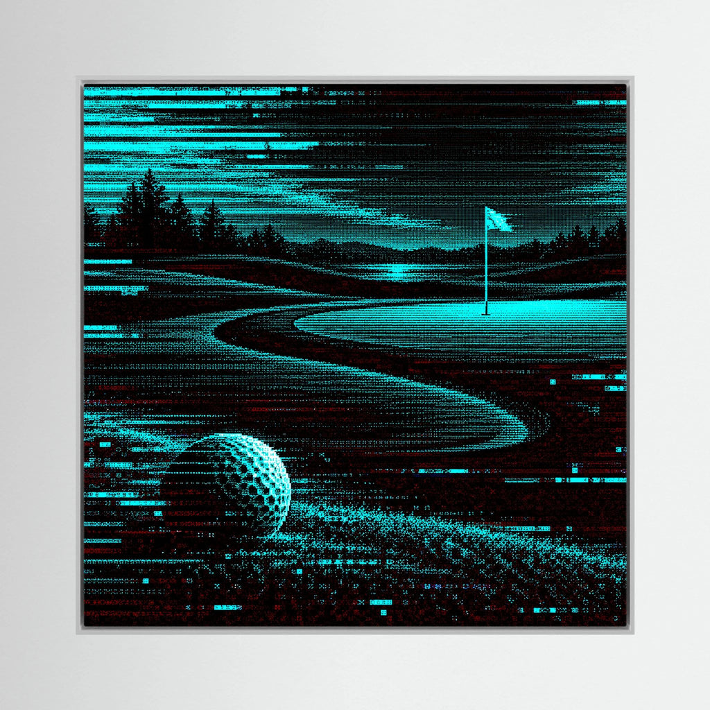 Digital Fairway modern golf wall art with teal neon course lines on a black background
