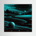 Digital Fairway modern golf wall art with teal neon course lines on a black background