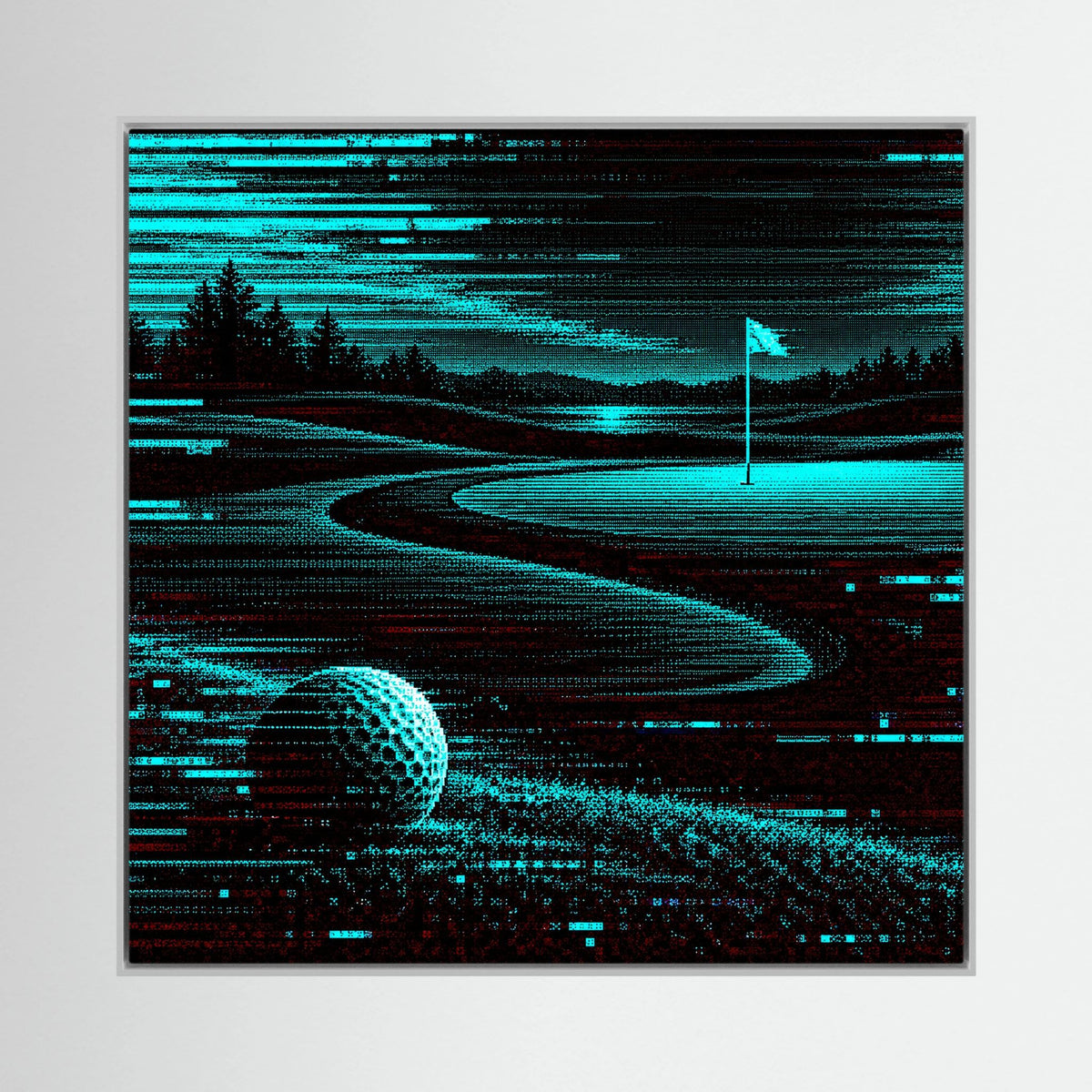 Digital Fairway modern golf wall art with teal neon course lines on a black background