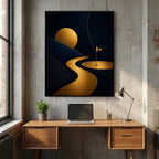 Golden Ribbon – arte golfistica moderna, tela con cornice nera