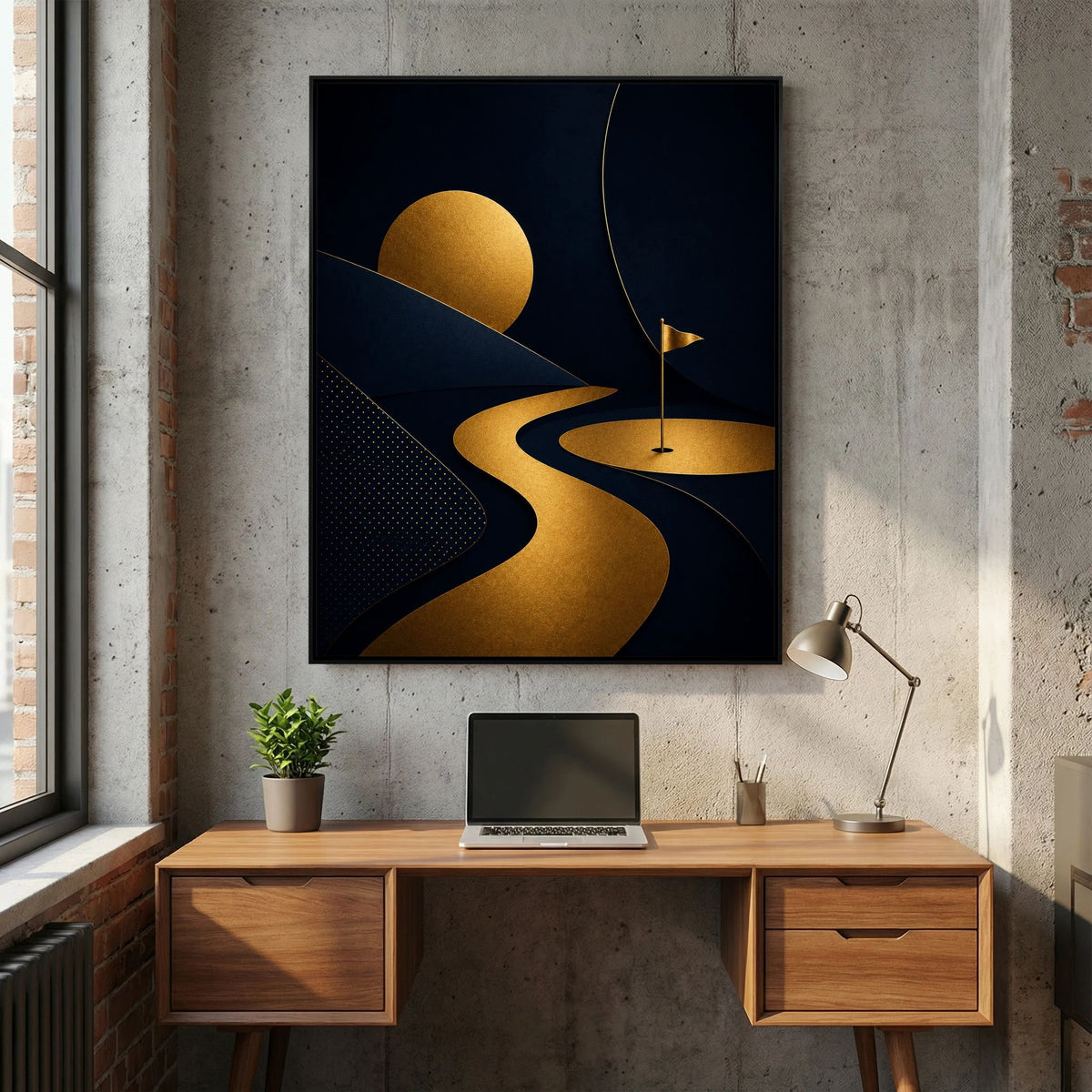 Golden Ribbon modern golf art framed canvas in black frame