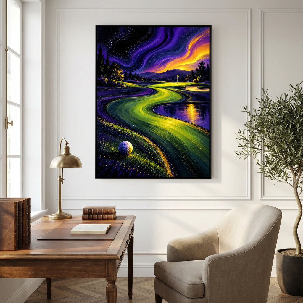 Neon Valley surreal golf landscape art framed canvas in black frame