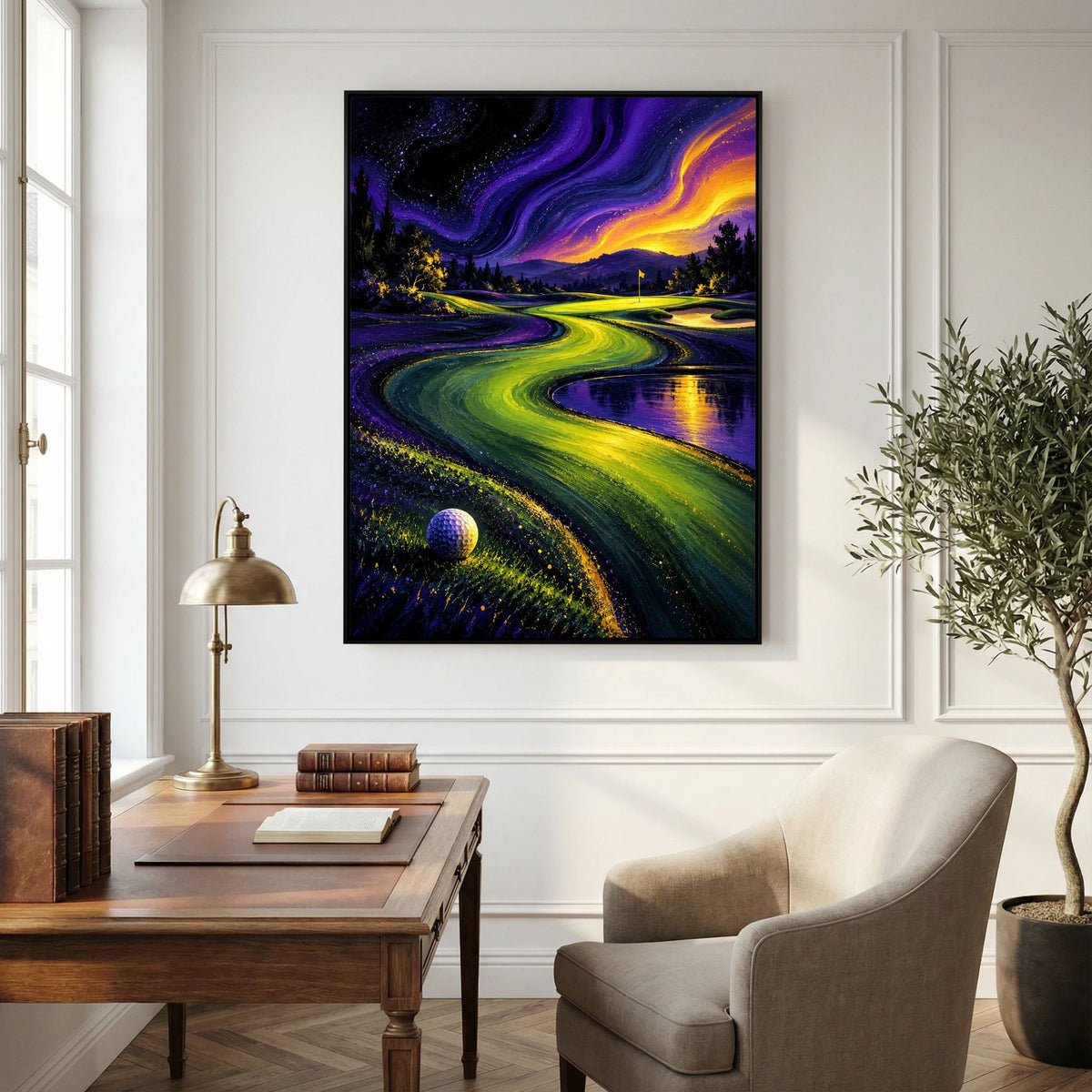 Neon Valley surreal golf landscape art framed canvas in black frame