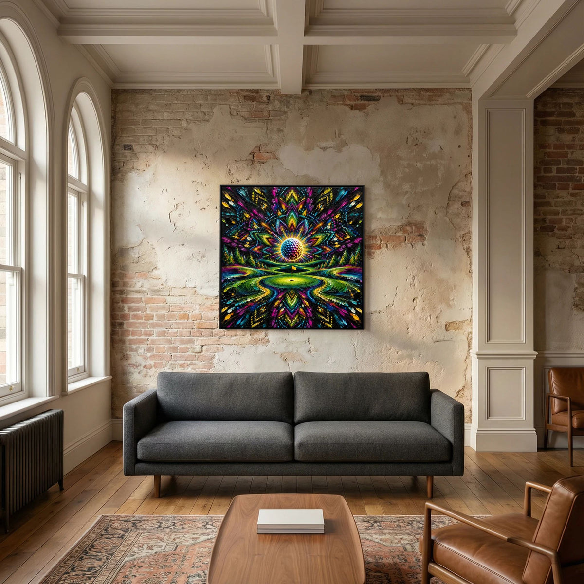Radiant Links psychedelic golf art framed canvas in black frame