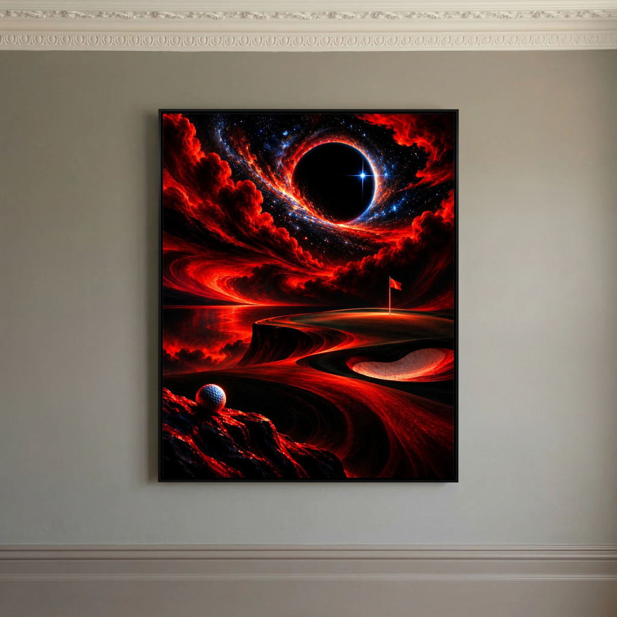 Cosmic Eclipse abstract golf art framed canvas in black frame
