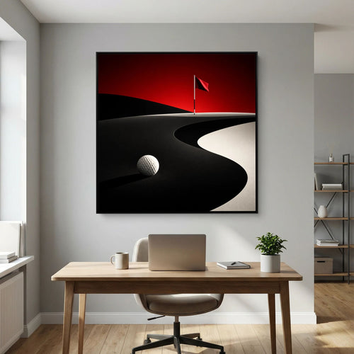 Crimson Dunes golf course painting framed canvas in white frame