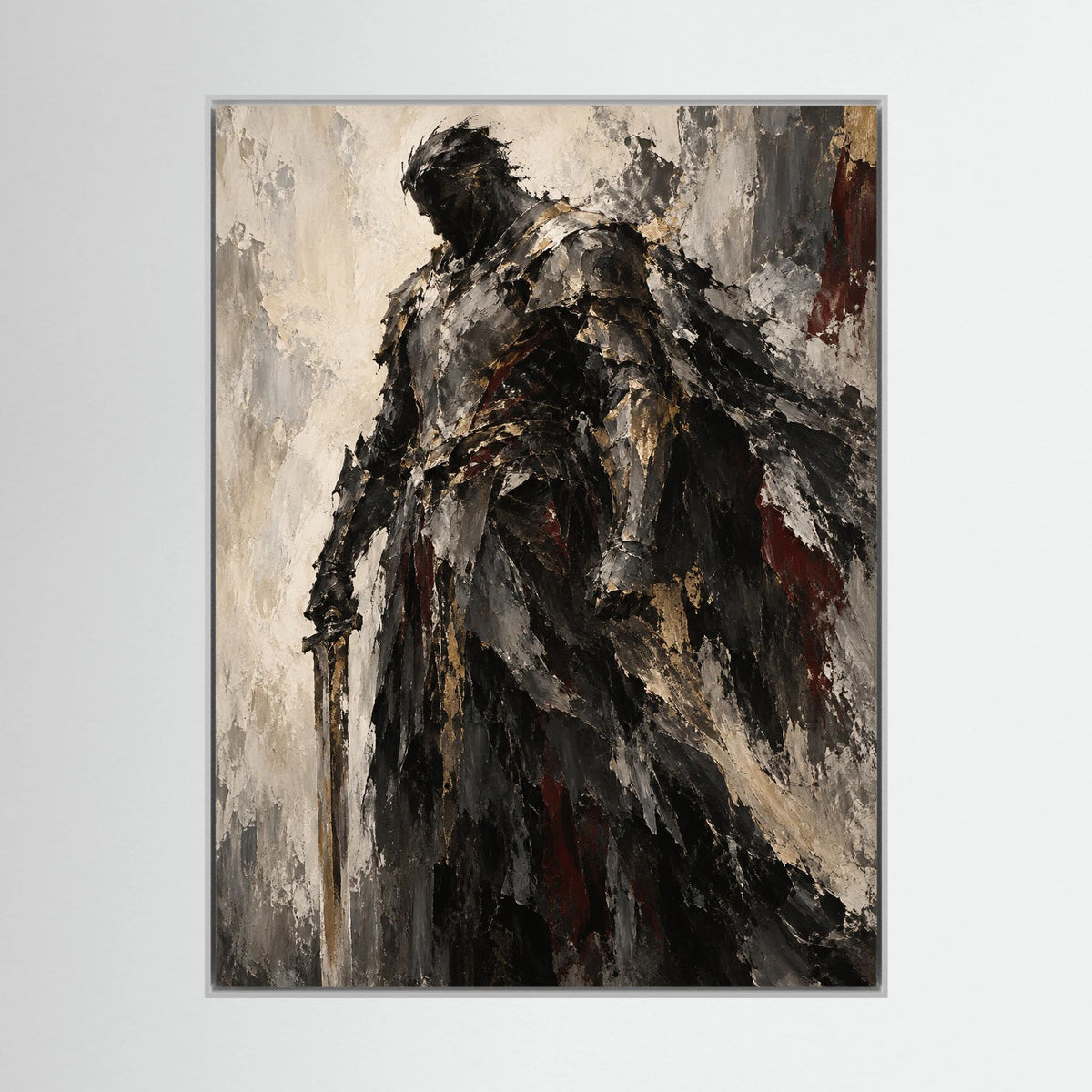 The Warrior, quadro astratto su tela, cornice a cassetta bianca, vista frontale