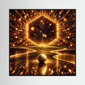 The Golden Passage contemporary golf art with a glowing gold geometric portal and golf ball
